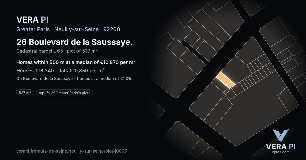 26 Boulevard de la Saussaye, Neuilly-sur-Seine at night – the plot lit, the parcels around coloured by the prices near them