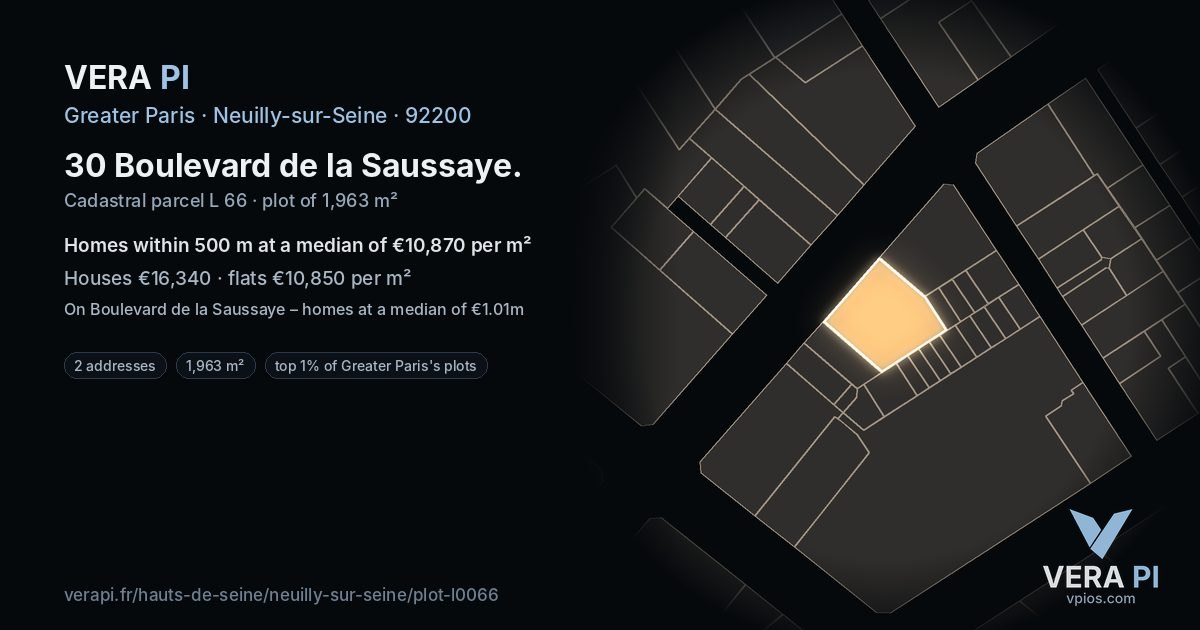 30 Boulevard de la Saussaye, Neuilly-sur-Seine at night – the plot lit, the parcels around coloured by the prices near them