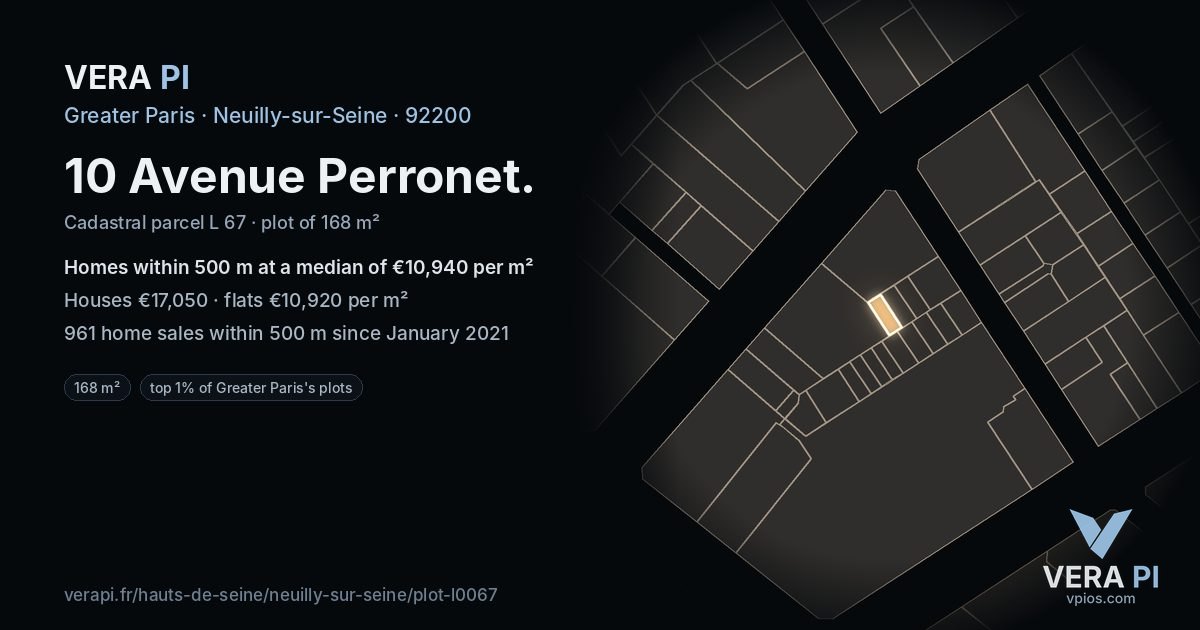 10 Avenue Perronet, Neuilly-sur-Seine at night – the plot lit, the parcels around coloured by the prices near them