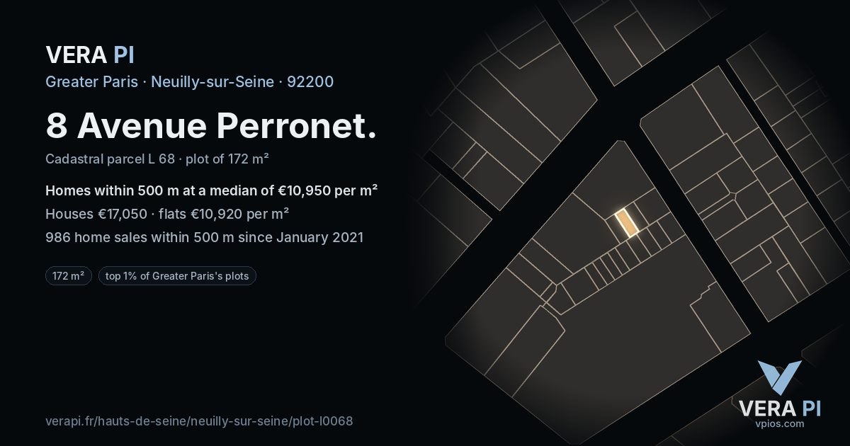 8 Avenue Perronet, Neuilly-sur-Seine at night – the plot lit, the parcels around coloured by the prices near them