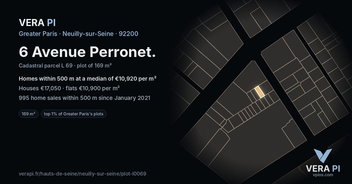 6 Avenue Perronet, Neuilly-sur-Seine at night – the plot lit, the parcels around coloured by the prices near them