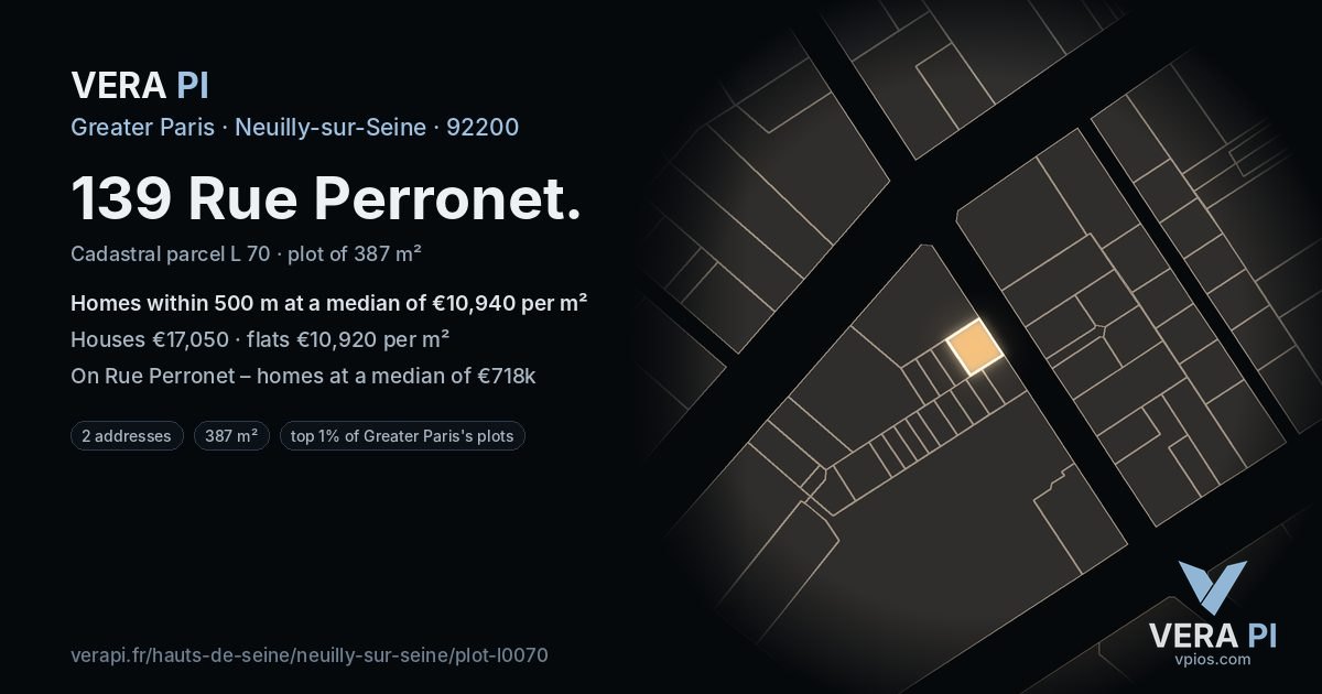 139 Rue Perronet, Neuilly-sur-Seine at night – the plot lit, the parcels around coloured by the prices near them