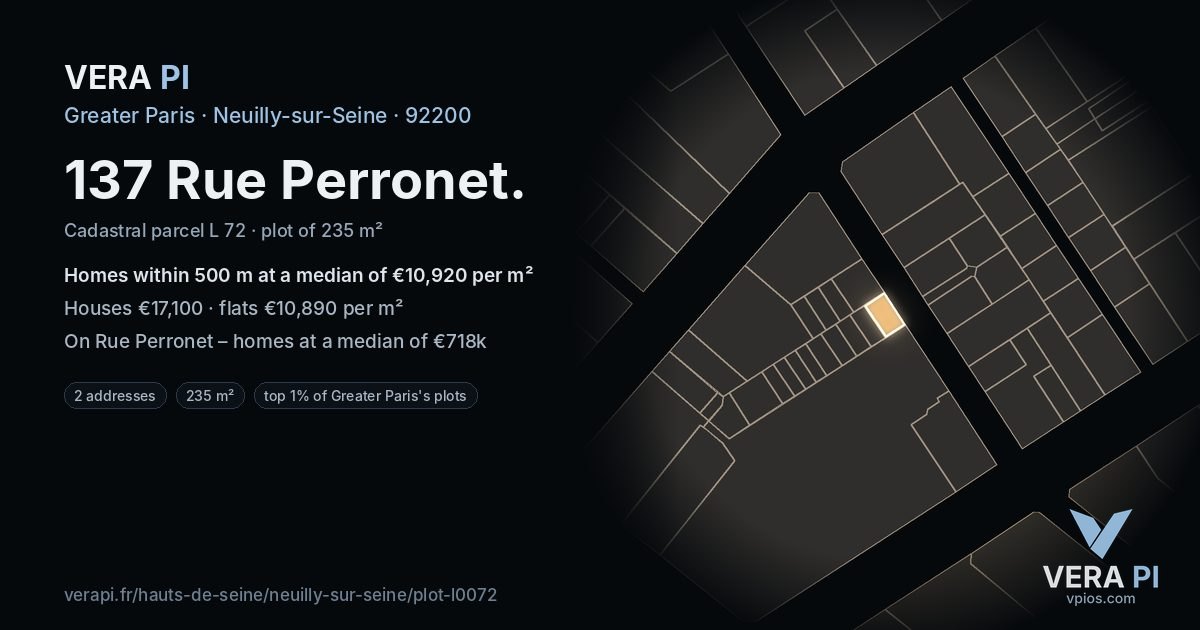 137 Rue Perronet, Neuilly-sur-Seine at night – the plot lit, the parcels around coloured by the prices near them