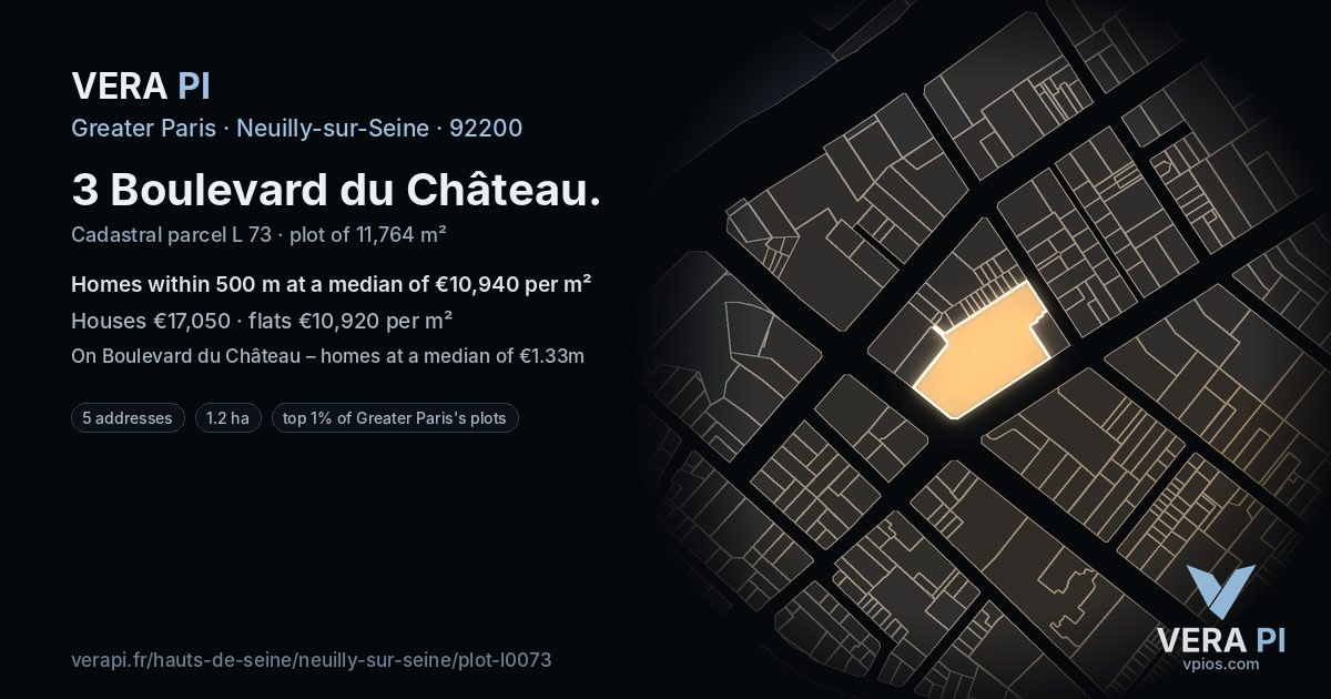 3 Boulevard du Château, Neuilly-sur-Seine at night – the plot lit, the parcels around coloured by the prices near them