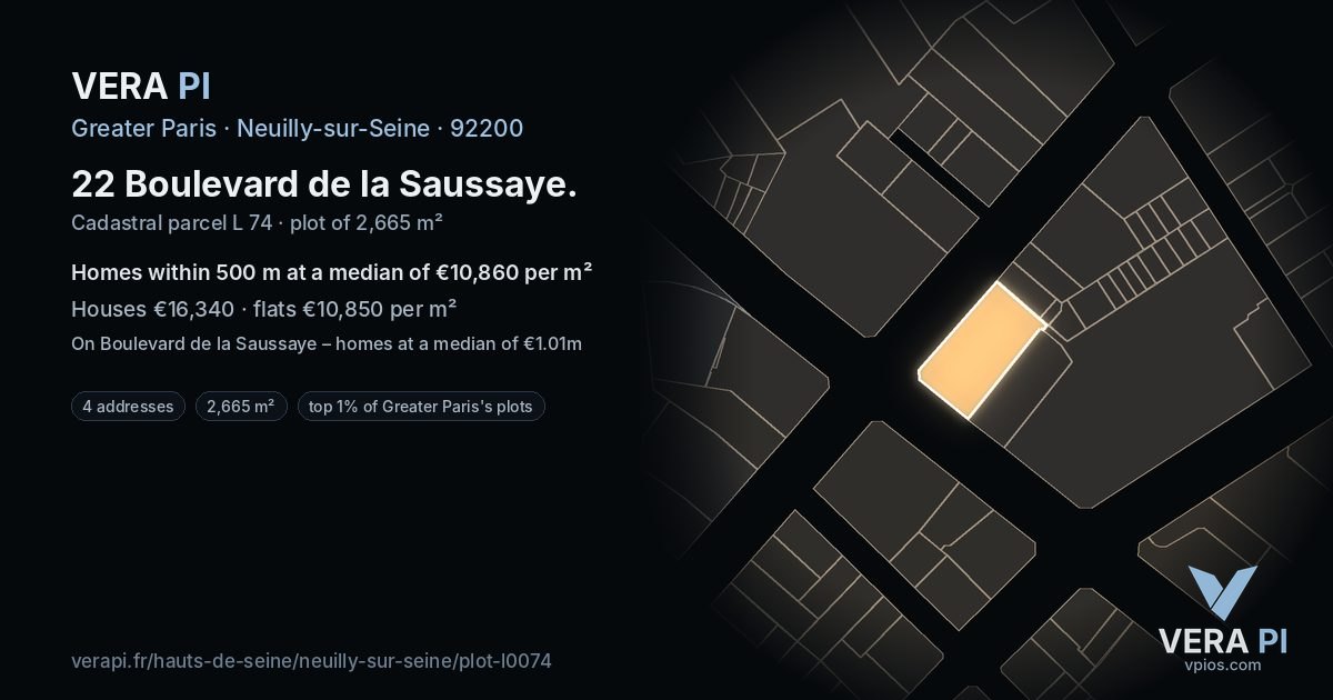 22 Boulevard de la Saussaye, Neuilly-sur-Seine at night – the plot lit, the parcels around coloured by the prices near them
