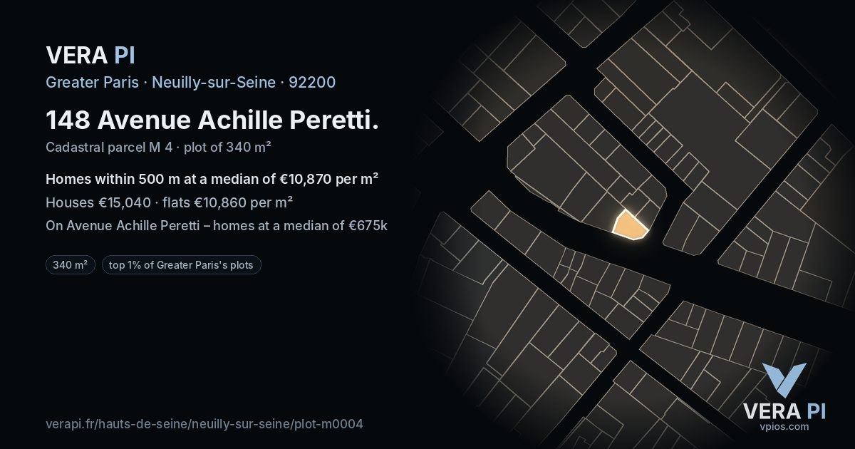 148 Avenue Achille Peretti, Neuilly-sur-Seine at night – the plot lit, the parcels around coloured by the prices near them