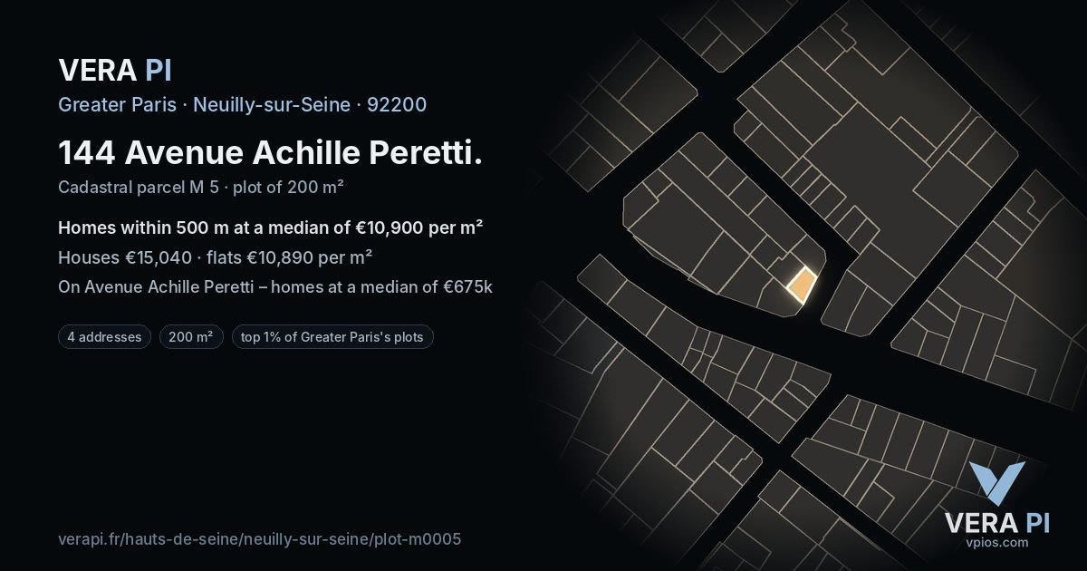 144 Avenue Achille Peretti, Neuilly-sur-Seine at night – the plot lit, the parcels around coloured by the prices near them