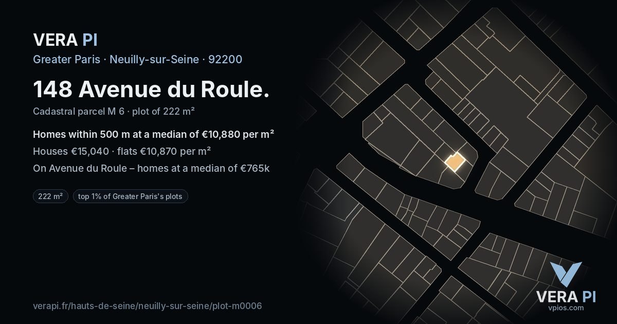 148 Avenue du Roule, Neuilly-sur-Seine at night – the plot lit, the parcels around coloured by the prices near them