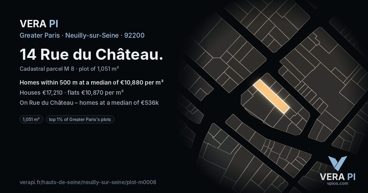14 Rue du Château, Neuilly-sur-Seine at night – the plot lit, the parcels around coloured by the prices near them