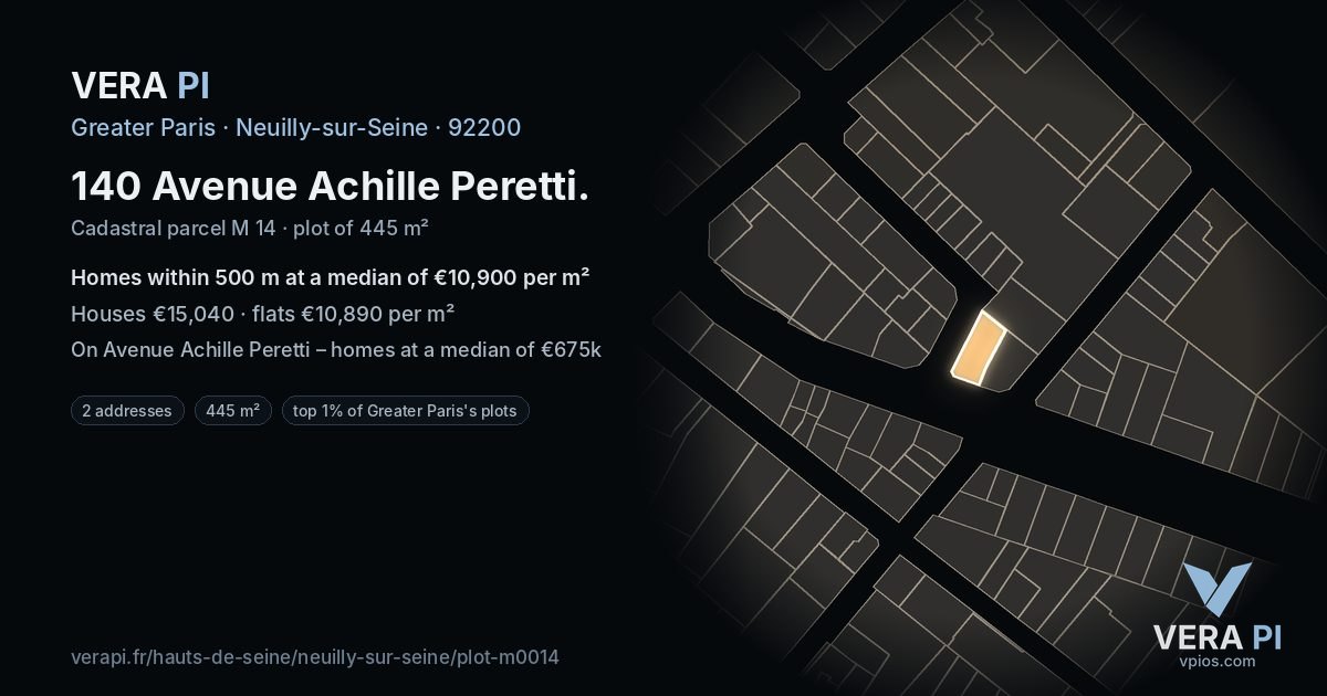 140 Avenue Achille Peretti, Neuilly-sur-Seine at night – the plot lit, the parcels around coloured by the prices near them