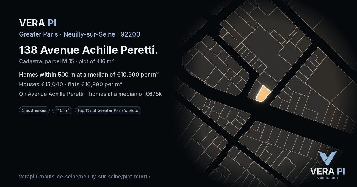 138 Avenue Achille Peretti, Neuilly-sur-Seine at night – the plot lit, the parcels around coloured by the prices near them