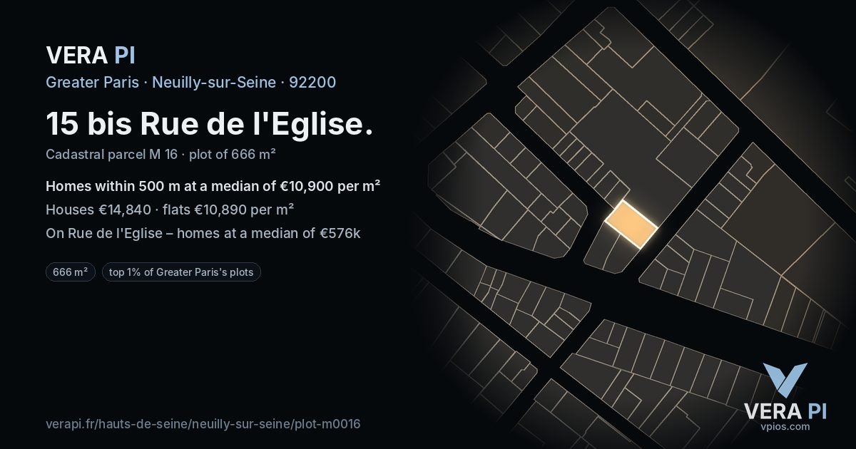 15 bis Rue de l'Eglise, Neuilly-sur-Seine at night – the plot lit, the parcels around coloured by the prices near them