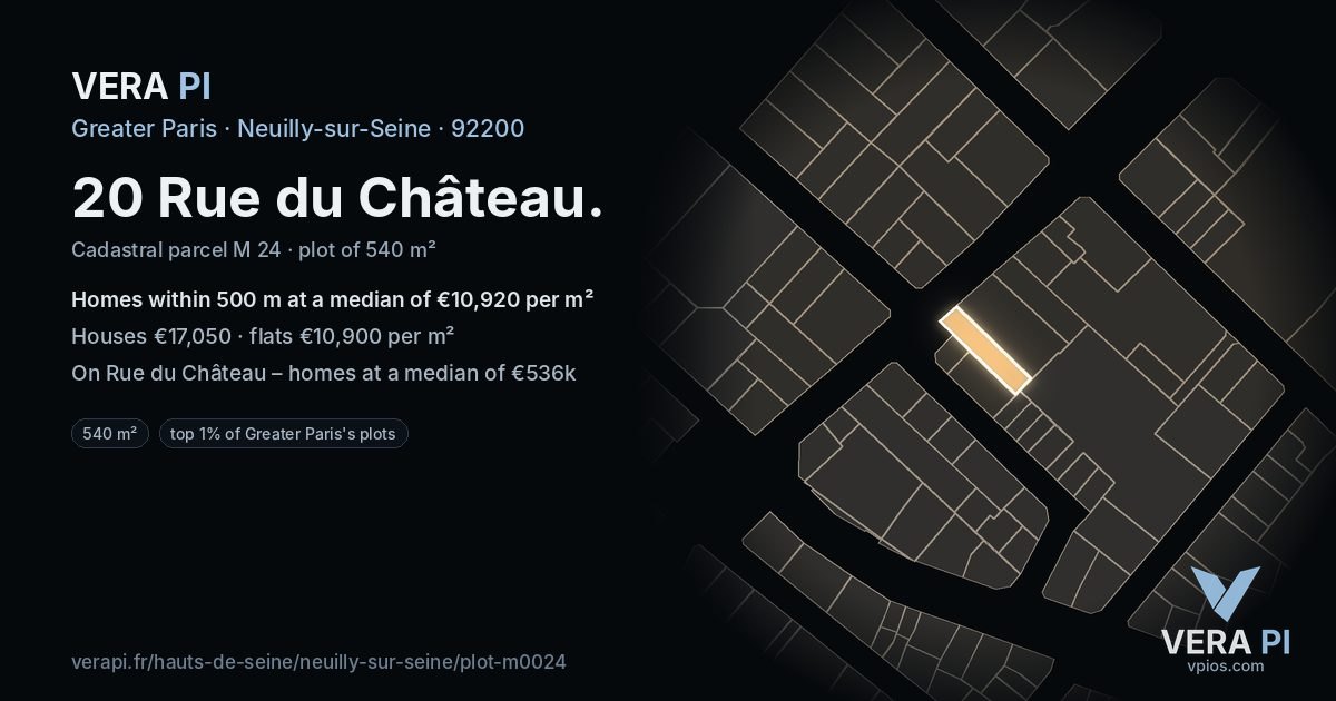 20 Rue du Château, Neuilly-sur-Seine at night – the plot lit, the parcels around coloured by the prices near them