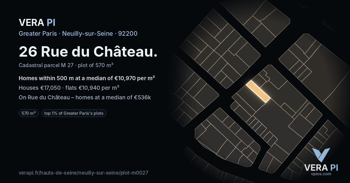 26 Rue du Château, Neuilly-sur-Seine at night – the plot lit, the parcels around coloured by the prices near them