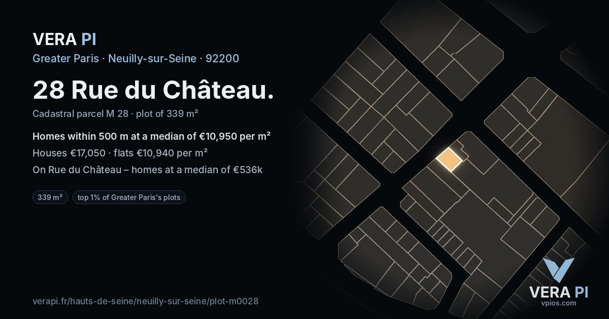 28 Rue du Château, Neuilly-sur-Seine at night – the plot lit, the parcels around coloured by the prices near them