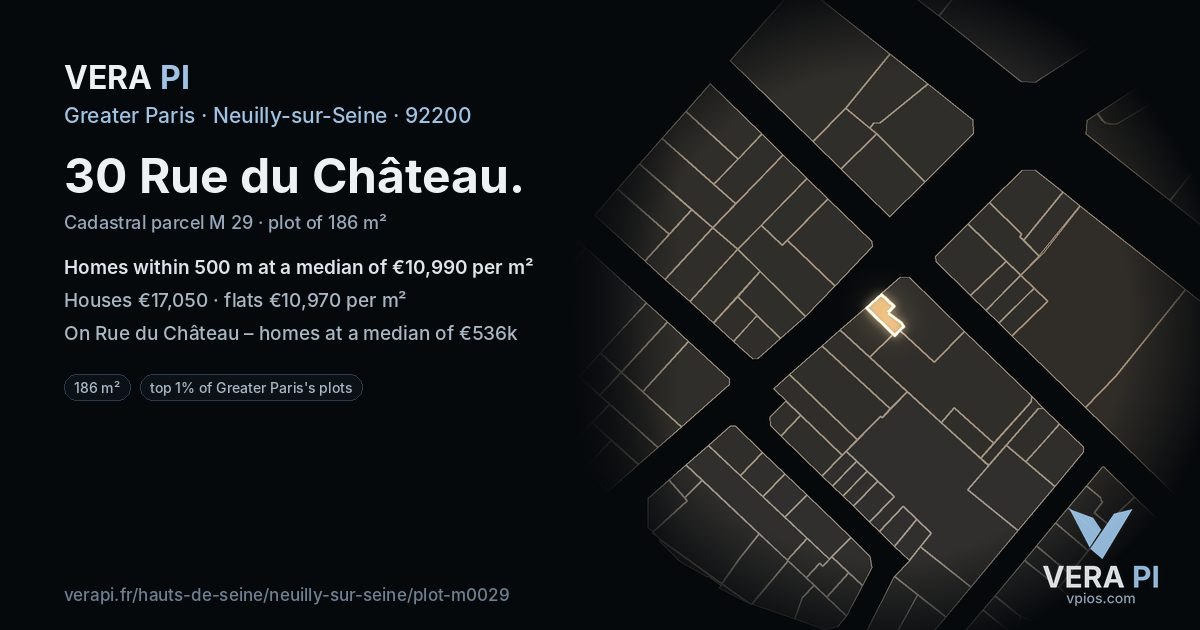 30 Rue du Château, Neuilly-sur-Seine at night – the plot lit, the parcels around coloured by the prices near them