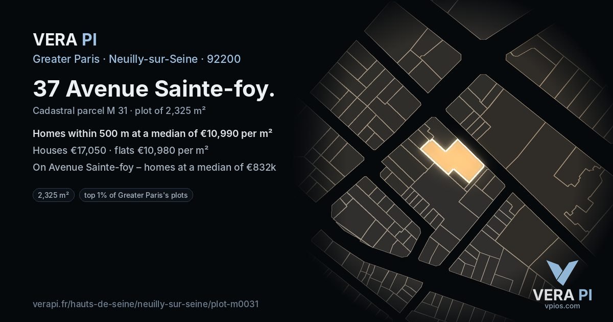 37 Avenue Sainte-foy, Neuilly-sur-Seine at night – the plot lit, the parcels around coloured by the prices near them