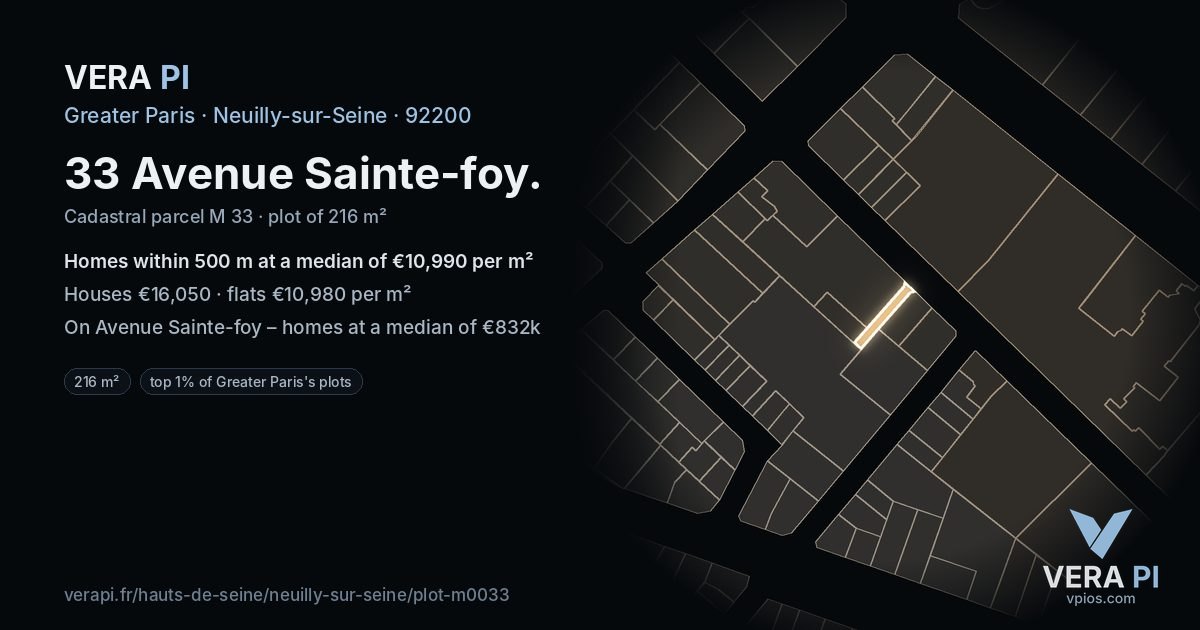 33 Avenue Sainte-foy, Neuilly-sur-Seine at night – the plot lit, the parcels around coloured by the prices near them