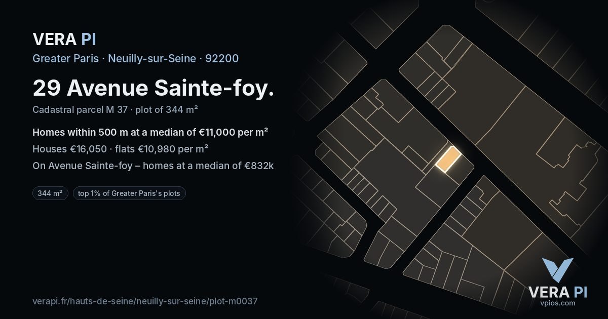 29 Avenue Sainte-foy, Neuilly-sur-Seine at night – the plot lit, the parcels around coloured by the prices near them