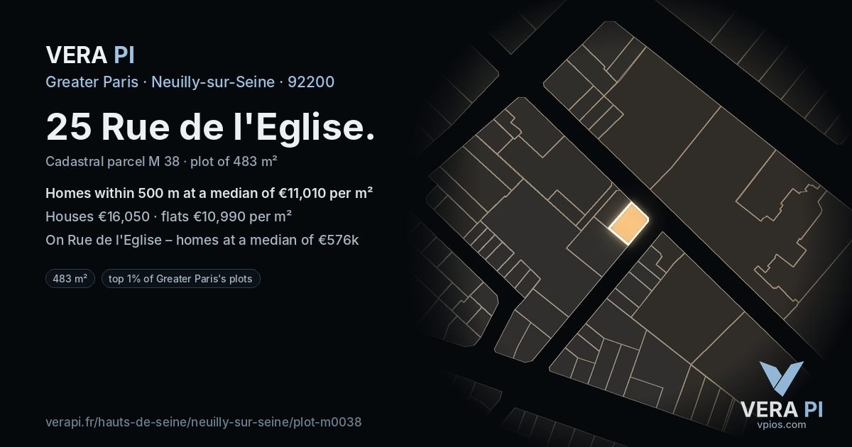 25 Rue de l'Eglise, Neuilly-sur-Seine at night – the plot lit, the parcels around coloured by the prices near them