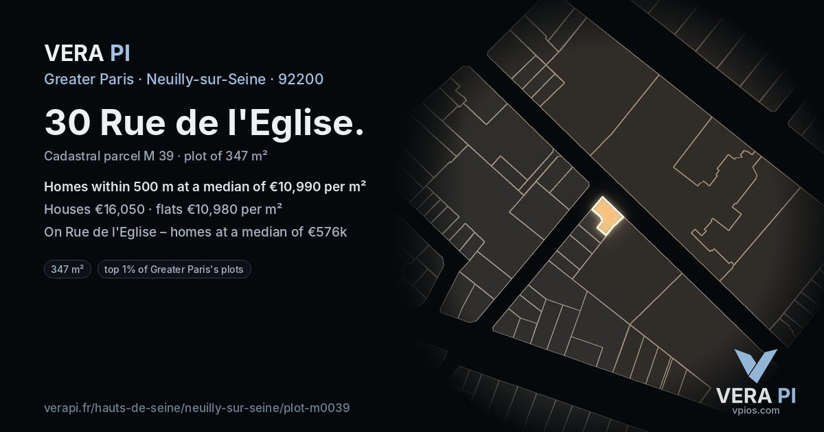 30 Rue de l'Eglise, Neuilly-sur-Seine at night – the plot lit, the parcels around coloured by the prices near them