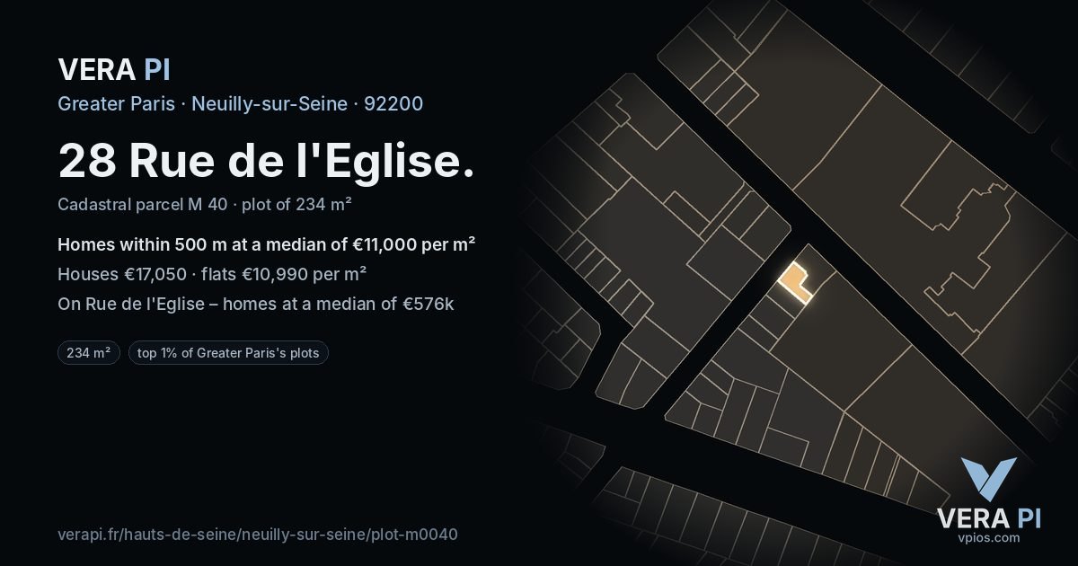 28 Rue de l'Eglise, Neuilly-sur-Seine at night – the plot lit, the parcels around coloured by the prices near them