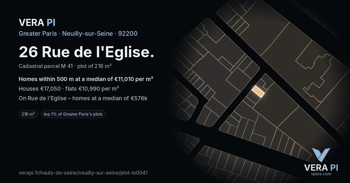 26 Rue de l'Eglise, Neuilly-sur-Seine at night – the plot lit, the parcels around coloured by the prices near them