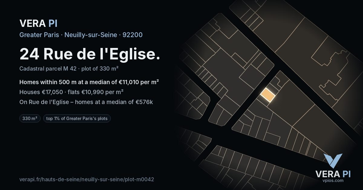 24 Rue de l'Eglise, Neuilly-sur-Seine at night – the plot lit, the parcels around coloured by the prices near them