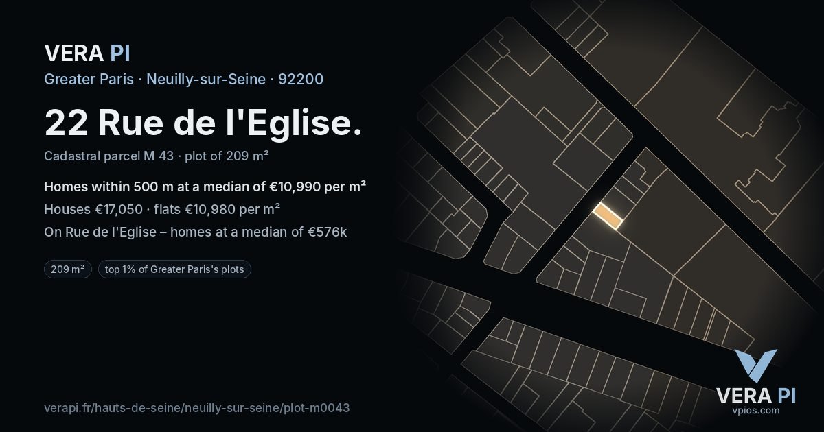 22 Rue de l'Eglise, Neuilly-sur-Seine at night – the plot lit, the parcels around coloured by the prices near them