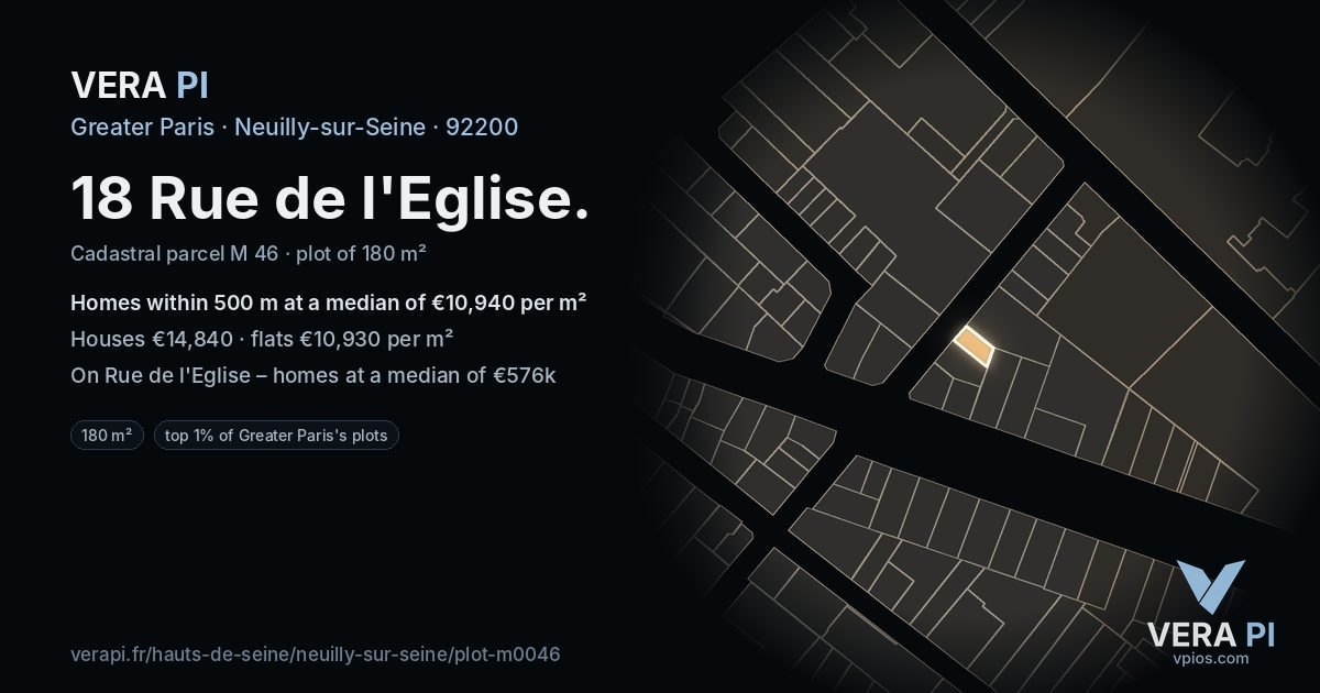 18 Rue de l'Eglise, Neuilly-sur-Seine at night – the plot lit, the parcels around coloured by the prices near them