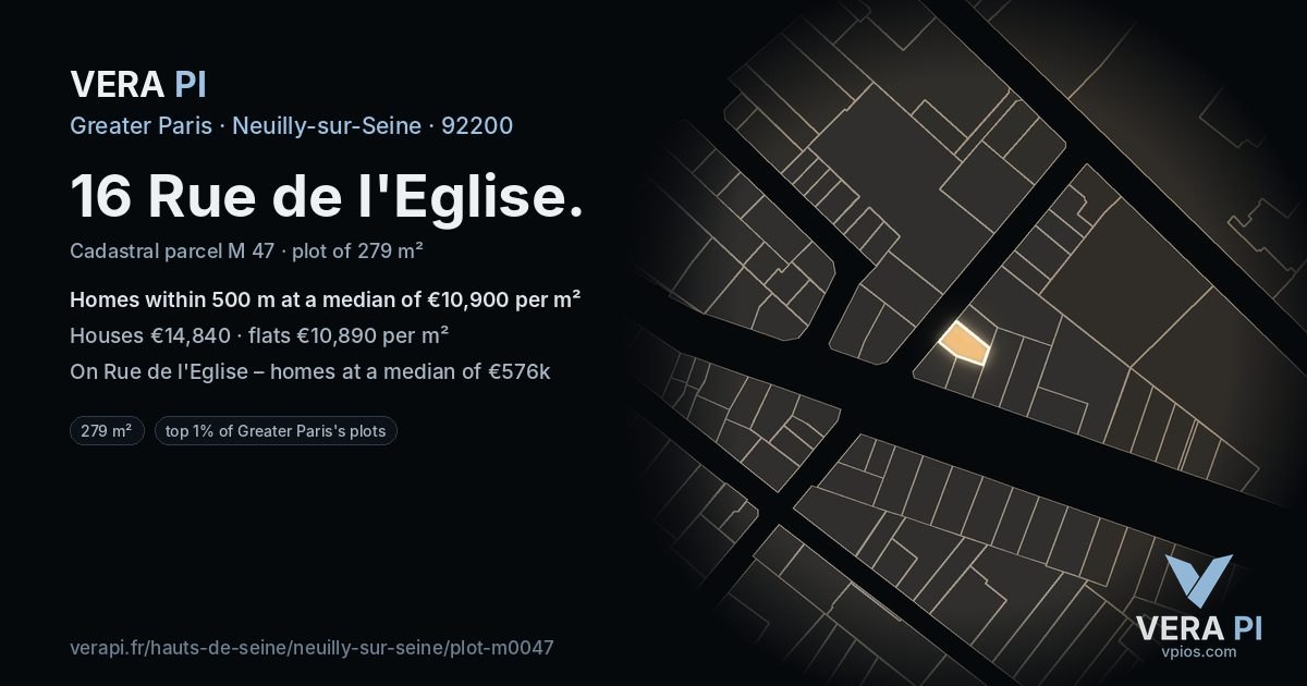 16 Rue de l'Eglise, Neuilly-sur-Seine at night – the plot lit, the parcels around coloured by the prices near them