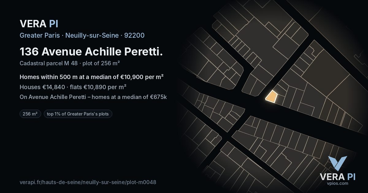 136 Avenue Achille Peretti, Neuilly-sur-Seine at night – the plot lit, the parcels around coloured by the prices near them