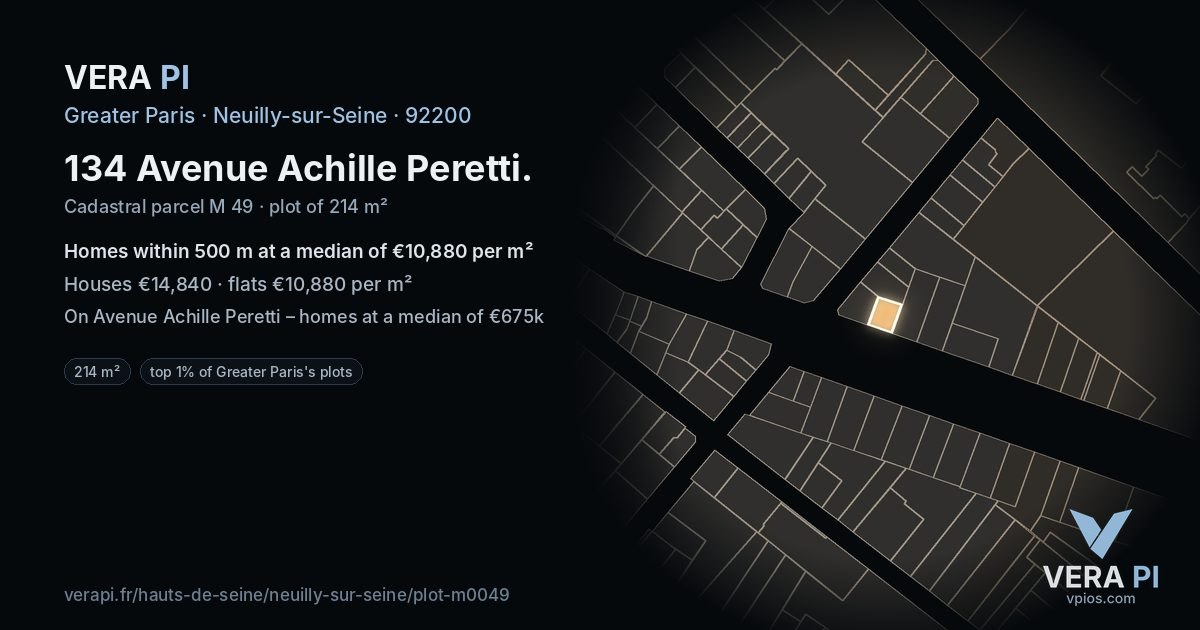 134 Avenue Achille Peretti, Neuilly-sur-Seine at night – the plot lit, the parcels around coloured by the prices near them