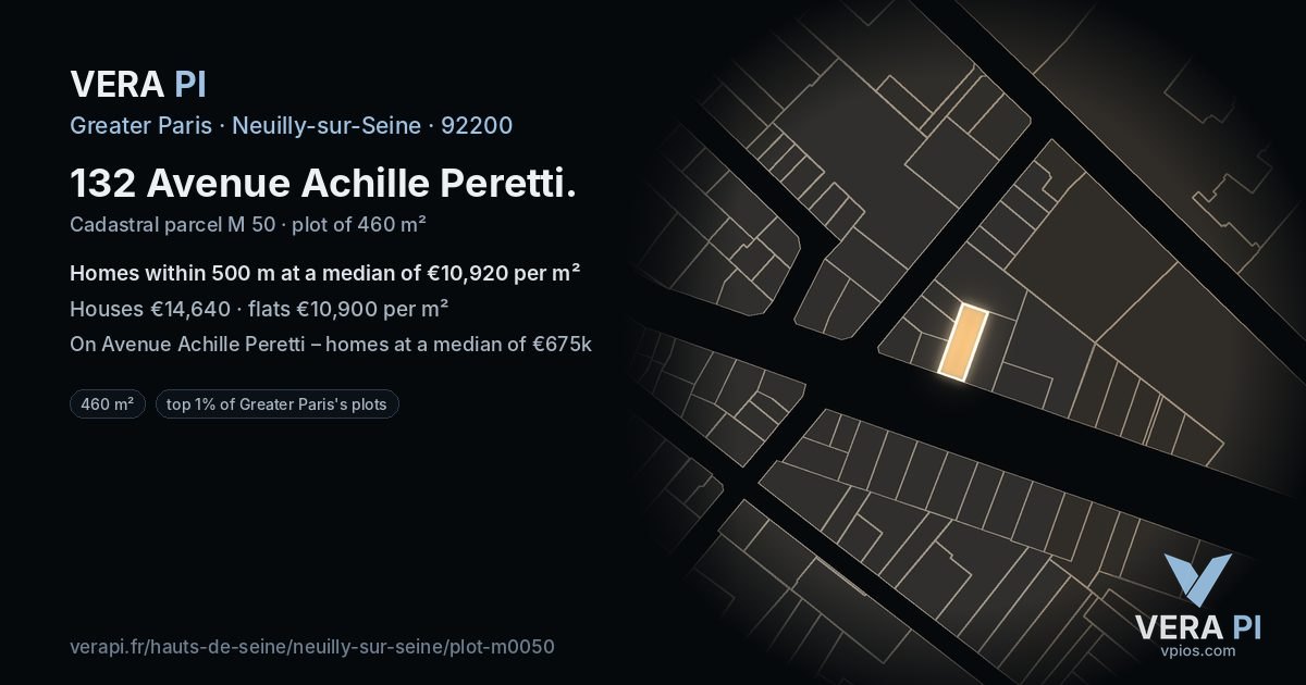 132 Avenue Achille Peretti, Neuilly-sur-Seine at night – the plot lit, the parcels around coloured by the prices near them