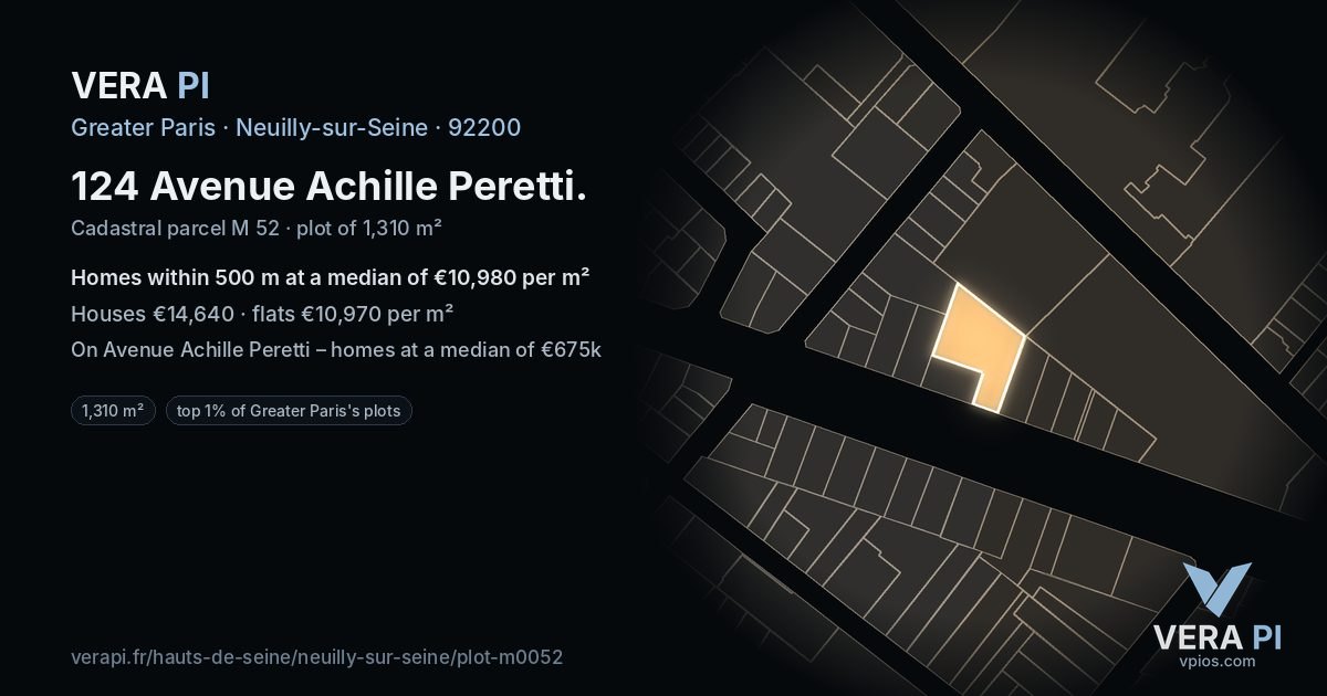 124 Avenue Achille Peretti, Neuilly-sur-Seine at night – the plot lit, the parcels around coloured by the prices near them
