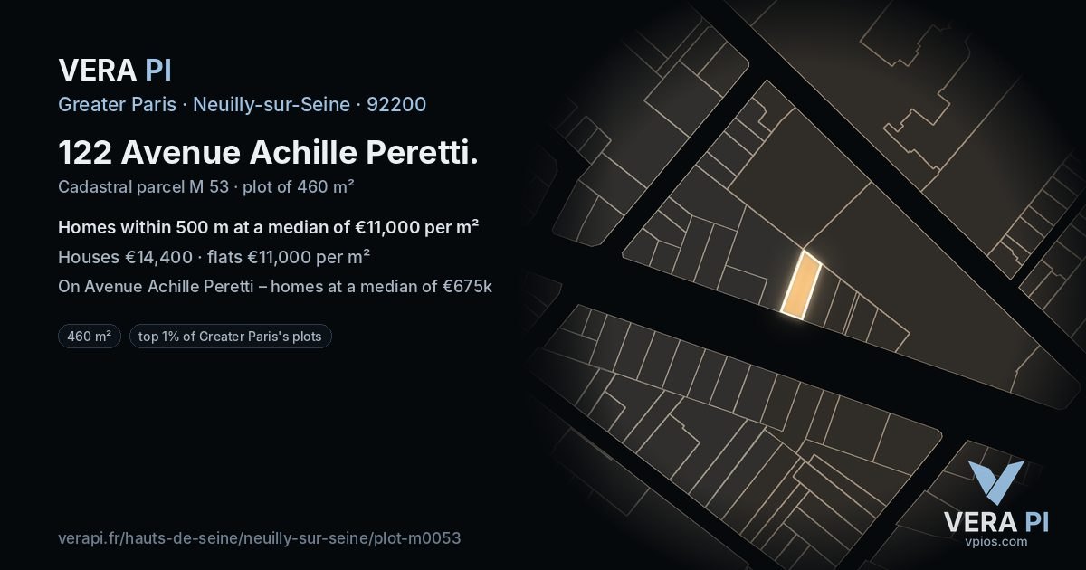 122 Avenue Achille Peretti, Neuilly-sur-Seine at night – the plot lit, the parcels around coloured by the prices near them
