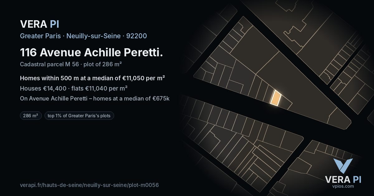 116 Avenue Achille Peretti, Neuilly-sur-Seine at night – the plot lit, the parcels around coloured by the prices near them