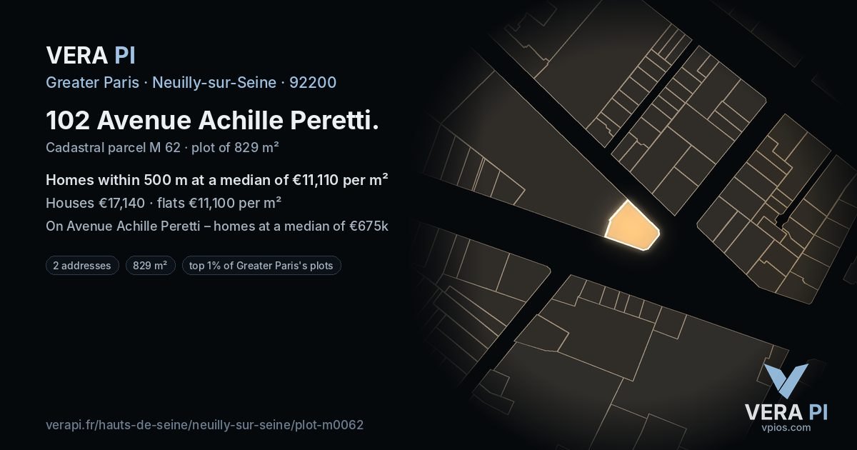102 Avenue Achille Peretti, Neuilly-sur-Seine at night – the plot lit, the parcels around coloured by the prices near them