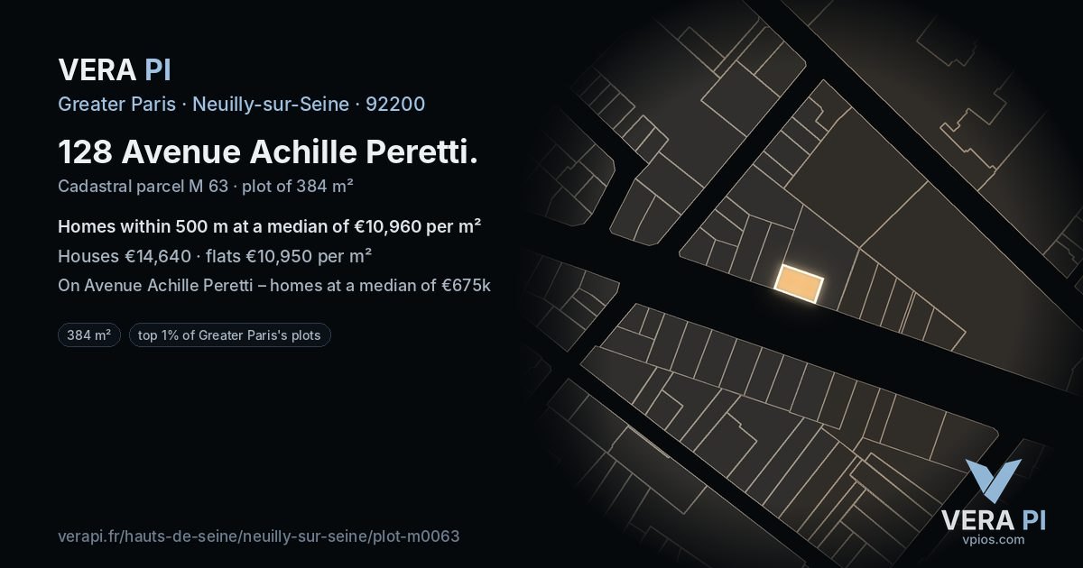 128 Avenue Achille Peretti, Neuilly-sur-Seine at night – the plot lit, the parcels around coloured by the prices near them