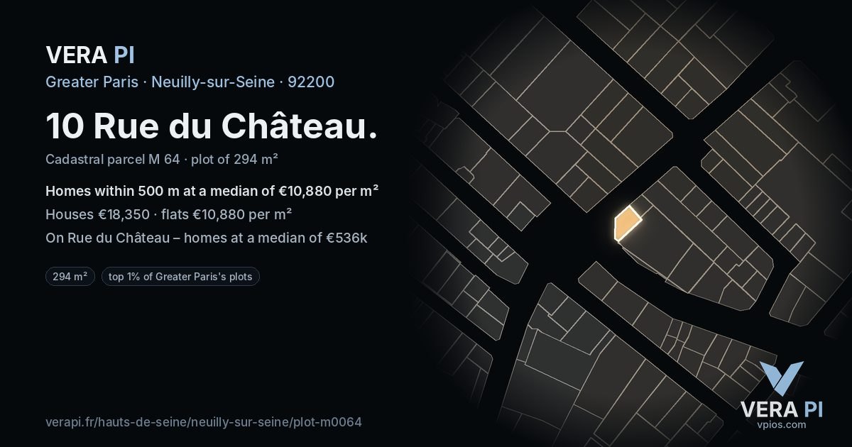 10 Rue du Château, Neuilly-sur-Seine at night – the plot lit, the parcels around coloured by the prices near them