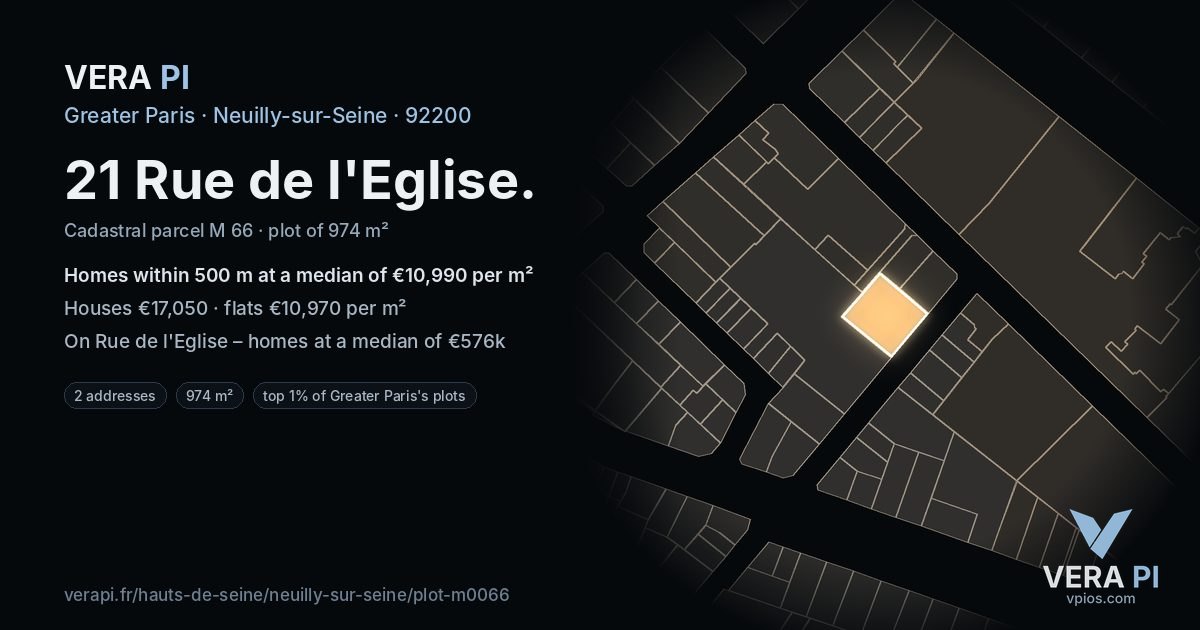 21 Rue de l'Eglise, Neuilly-sur-Seine at night – the plot lit, the parcels around coloured by the prices near them