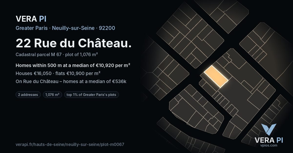 22 Rue du Château, Neuilly-sur-Seine at night – the plot lit, the parcels around coloured by the prices near them
