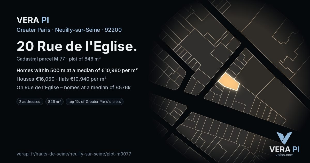 20 Rue de l'Eglise, Neuilly-sur-Seine at night – the plot lit, the parcels around coloured by the prices near them