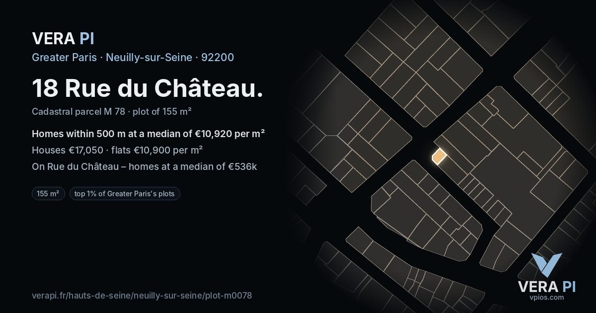 18 Rue du Château, Neuilly-sur-Seine at night – the plot lit, the parcels around coloured by the prices near them
