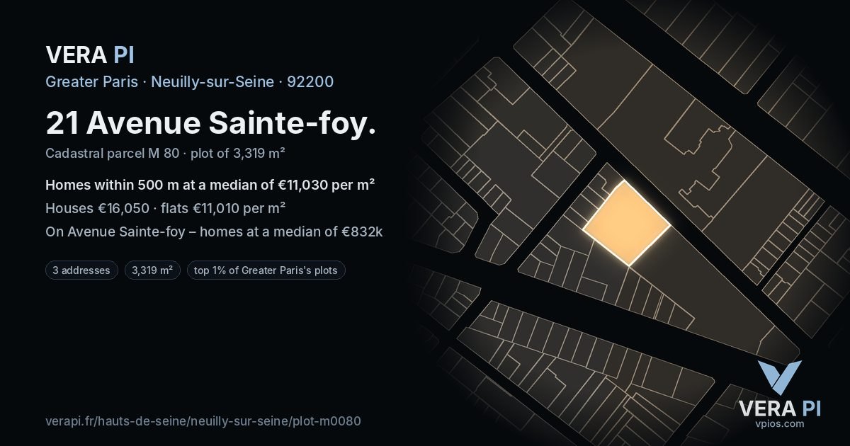 21 Avenue Sainte-foy, Neuilly-sur-Seine at night – the plot lit, the parcels around coloured by the prices near them