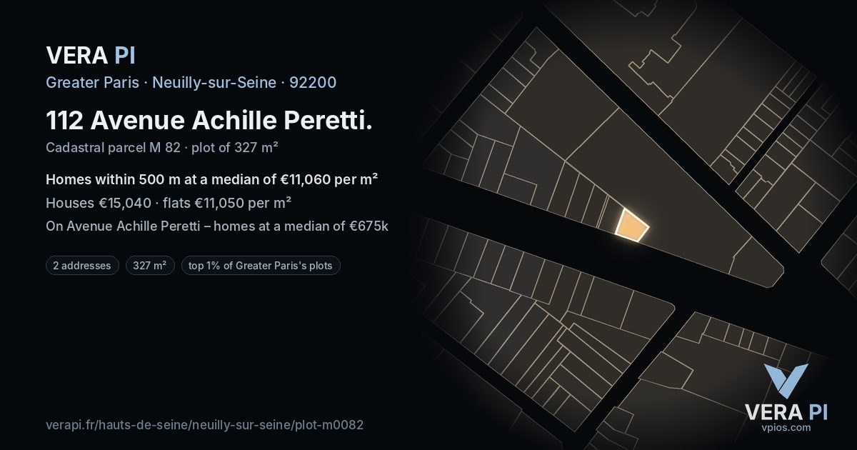 112 Avenue Achille Peretti, Neuilly-sur-Seine at night – the plot lit, the parcels around coloured by the prices near them