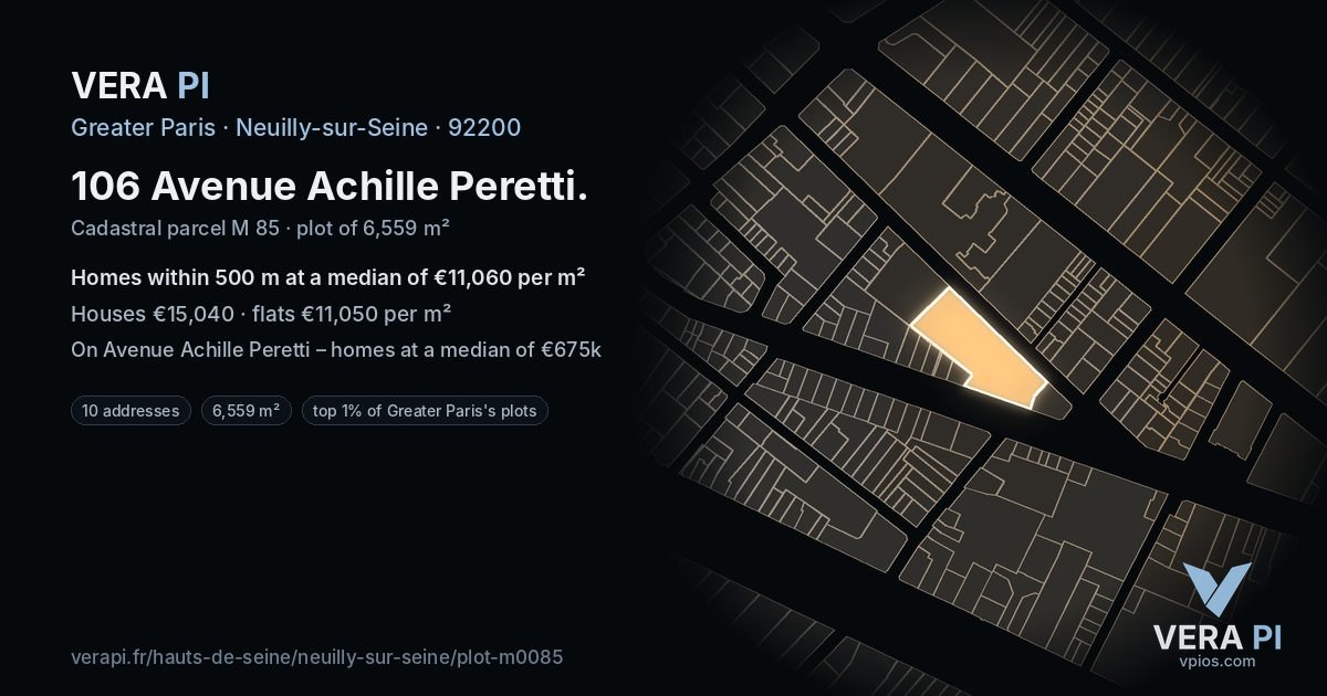 106 Avenue Achille Peretti, Neuilly-sur-Seine at night – the plot lit, the parcels around coloured by the prices near them