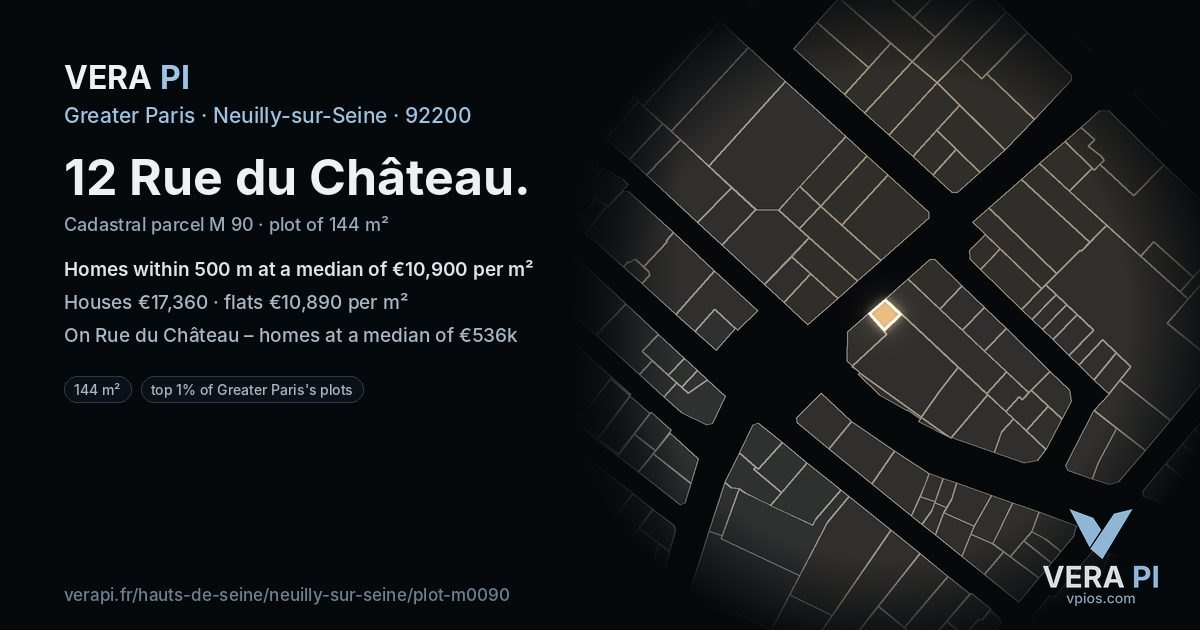 12 Rue du Château, Neuilly-sur-Seine at night – the plot lit, the parcels around coloured by the prices near them