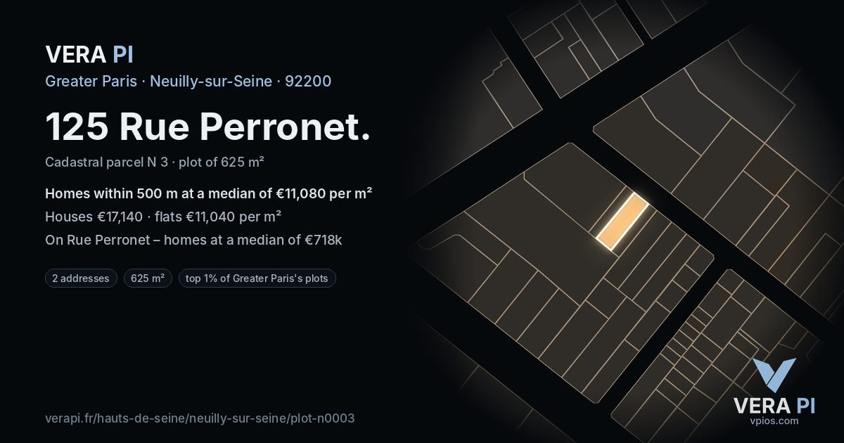 125 Rue Perronet, Neuilly-sur-Seine at night – the plot lit, the parcels around coloured by the prices near them