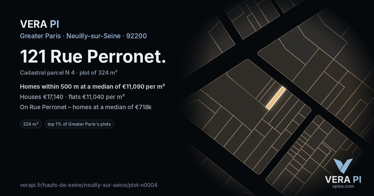 121 Rue Perronet, Neuilly-sur-Seine at night – the plot lit, the parcels around coloured by the prices near them